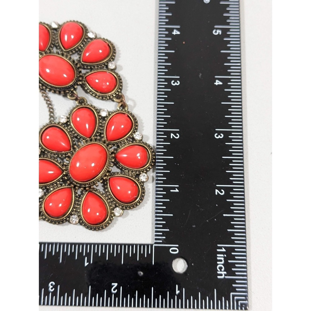 Red Orange Cabochon Statement Necklace Bronze Tone Boho Western Bib 21" - Picture 9 of 9